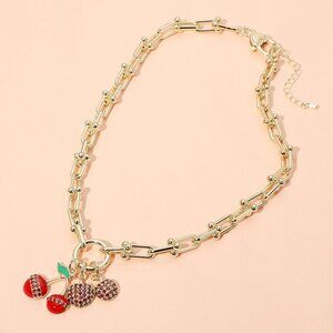 NEW Strawberry Cherry 14K Gold Fruit Charm Link Chain Necklace Cubic Zirconia CZ
